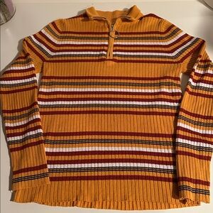 Striped Ribbed Quarter Zip Mock Neck Sweater Retro 70s Sun Devil colors! Size L